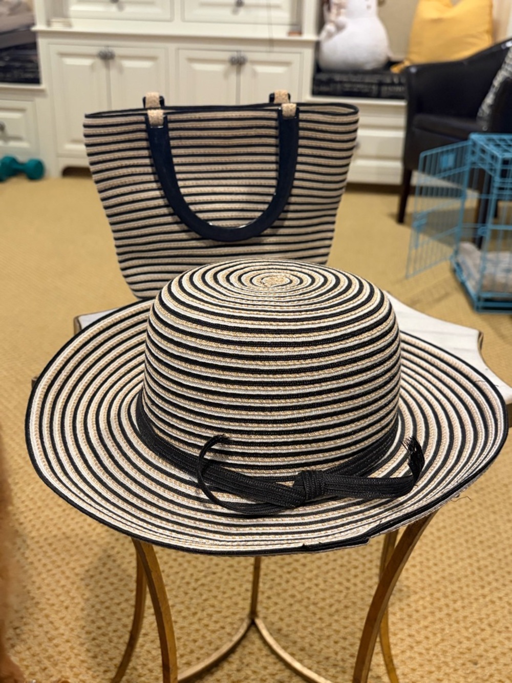 Talbots black, white and straw hat, and purse set